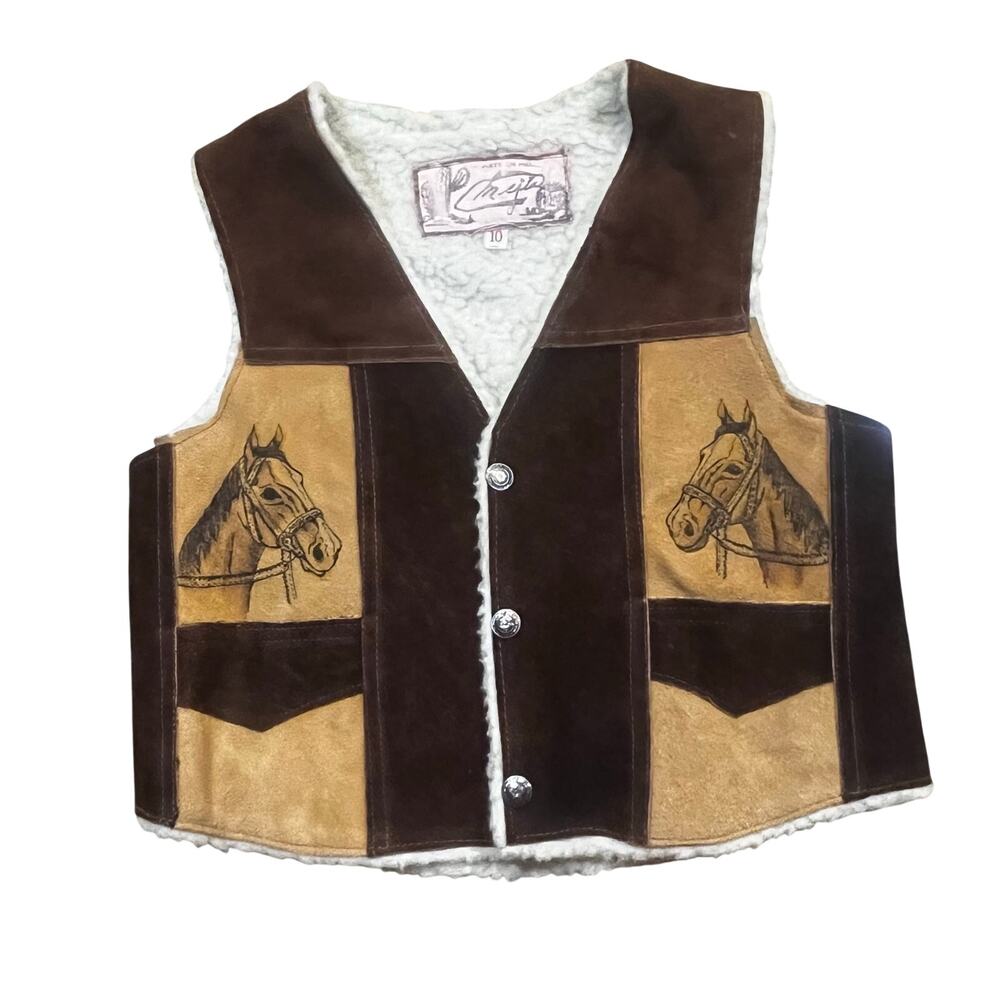 Vintage Western Mejia‎ Horse Leather Vest Light Brown Lined Buttons Boy Size 10